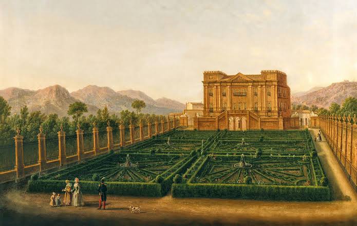 Historic painting of Villa Tasca and its gardens